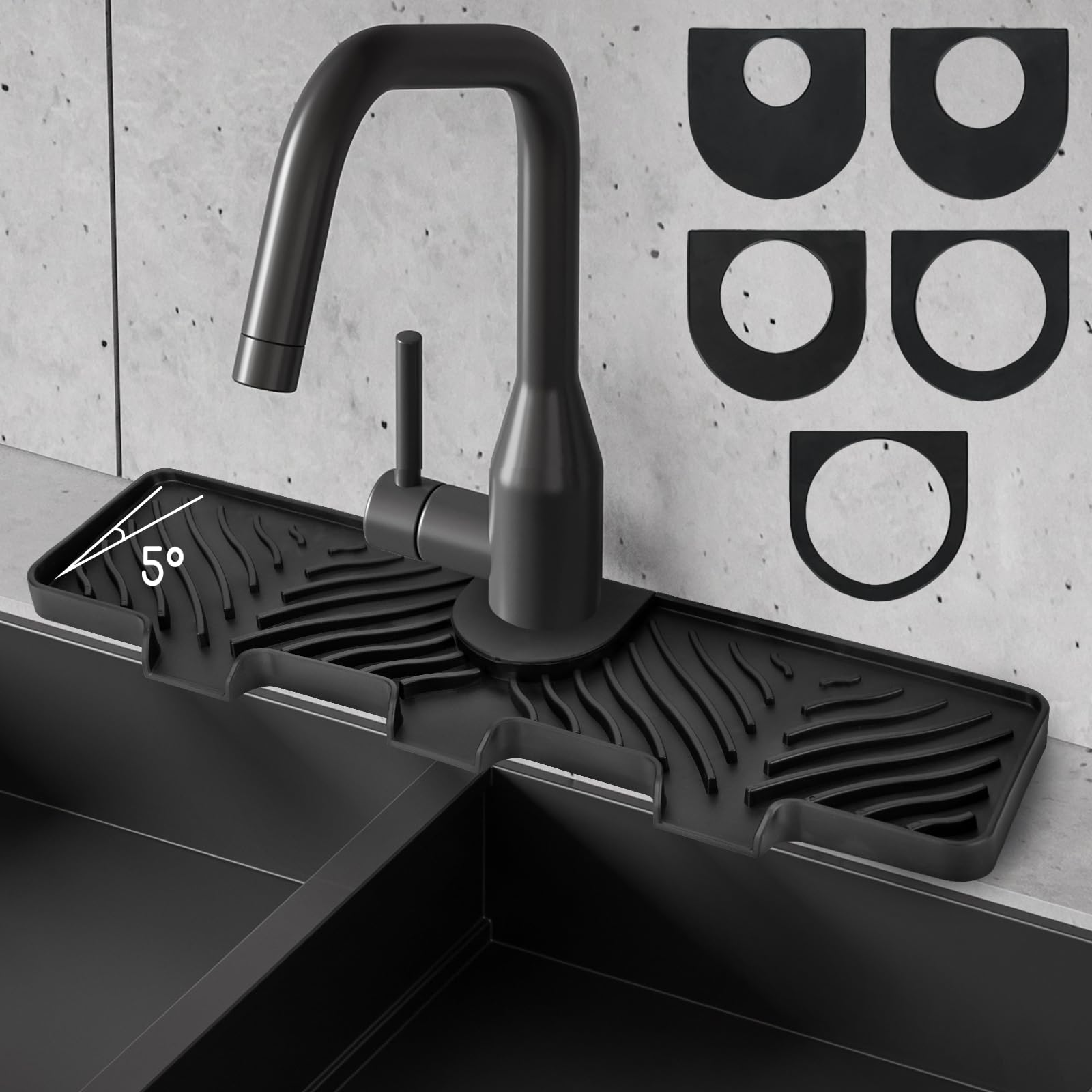 Silicone Faucet Splash Guard - 5°Slope Kitchen Sink Splash Guard, 14.6x5.2x0.8 Inch Faucet Mat for Kitchen Sink with 5 Sizes of Rubber Rings, Silicone Sink Mat for Kitchen Bathroom(Black)